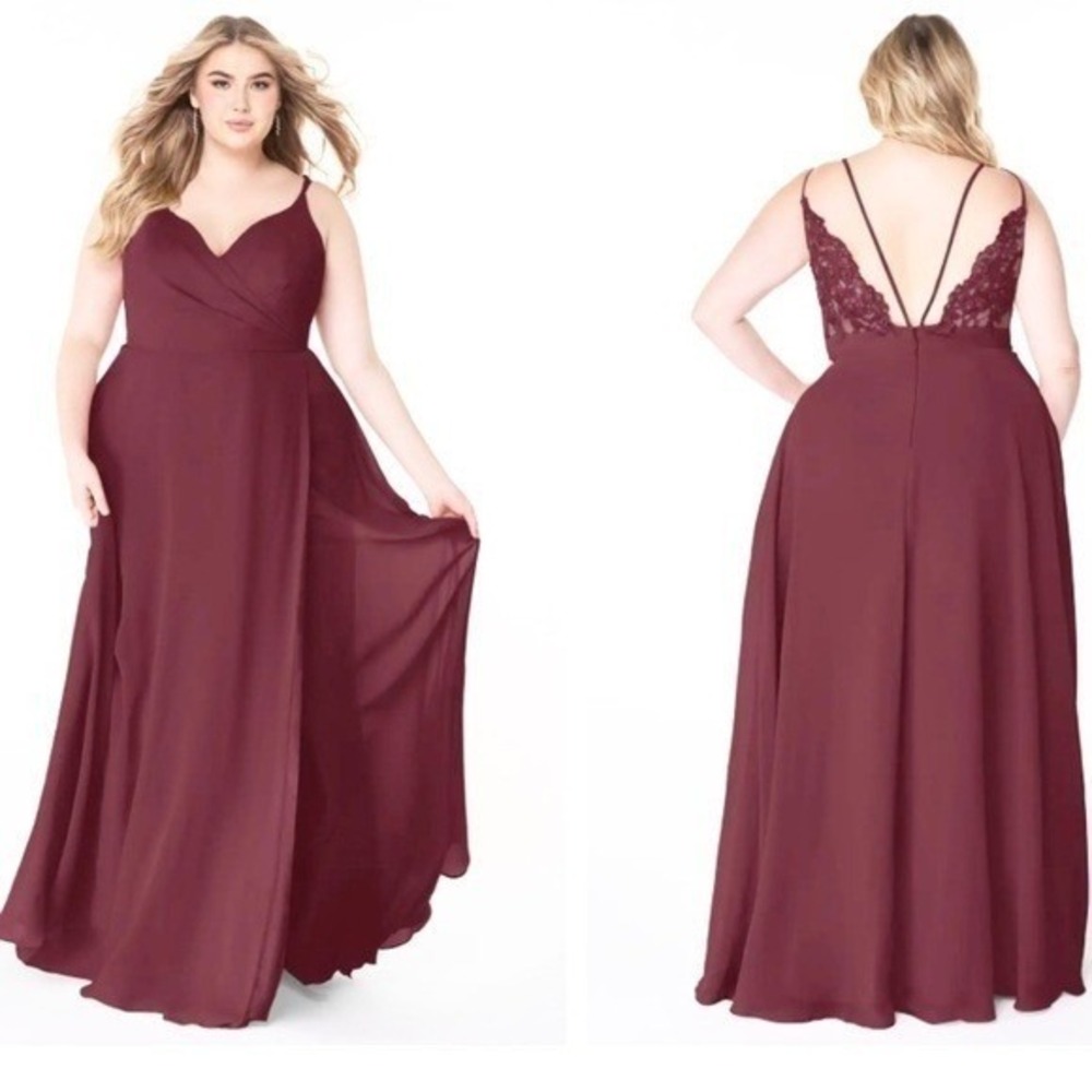 Azazie Lace Back Chiffon Formal Gown Plus Size A18 Burgundy